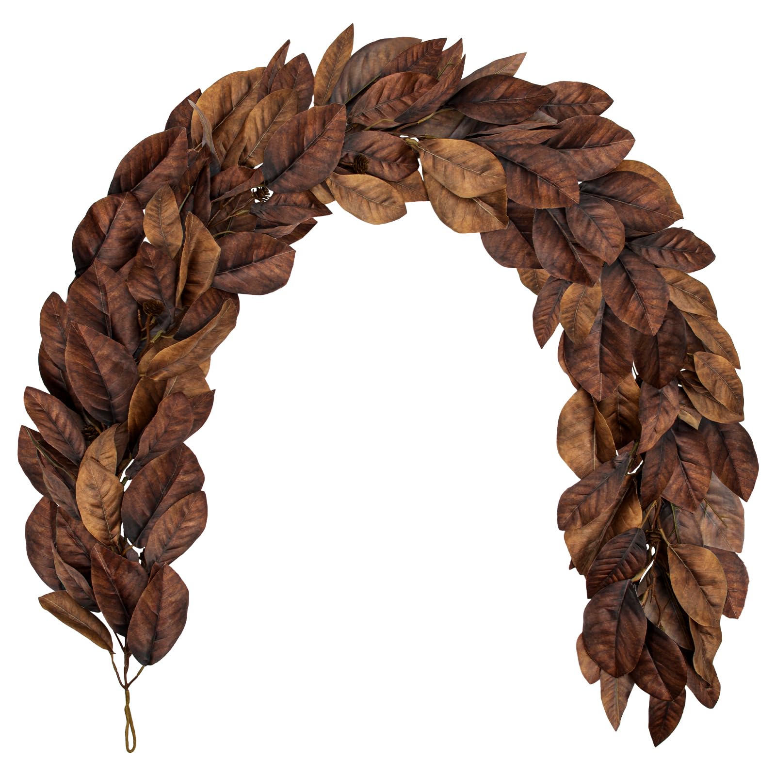 Oairse Brown Artificial Magnolia Autumn Leaf Garland with Pinecones, 5.9FT