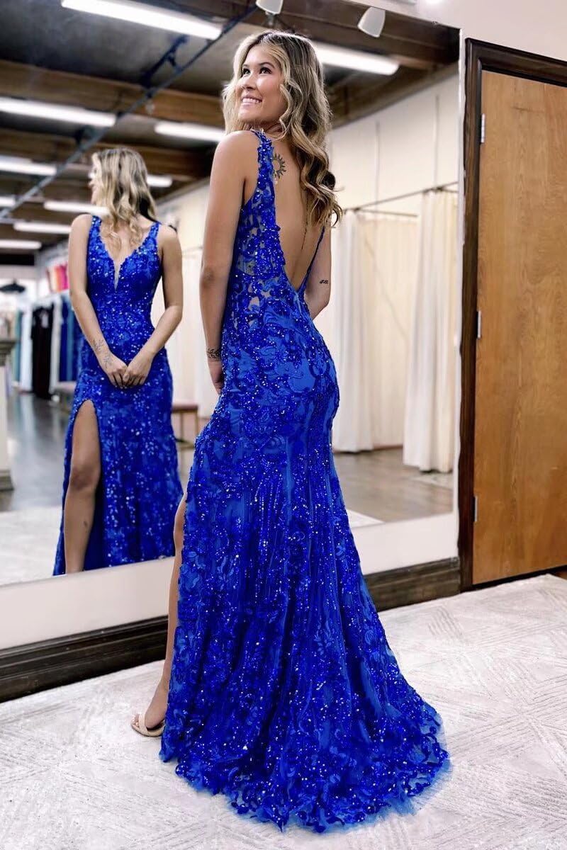 Women's V Neck Mermaid Sparkly Sequin Prom Dresses V Neck Backless Long Formal Evening Gowns with Slit