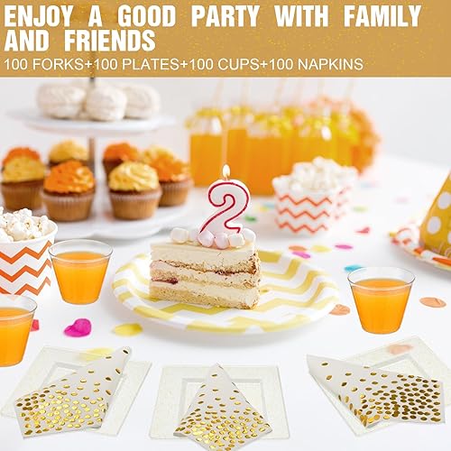 Miniatura 6 de Nosiny Juego de 400 platos cuadrados de plástico para 100 invitados con vasos de plástico con purpurina, tenedores, servilletas de papel de lunares,