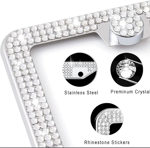 Miniatura 3 de Marco de matrícula con diamantes de imitación de color blanco, 2 unidades, marco de matrícula de automóvil, marco de matrícula brillante, marco de