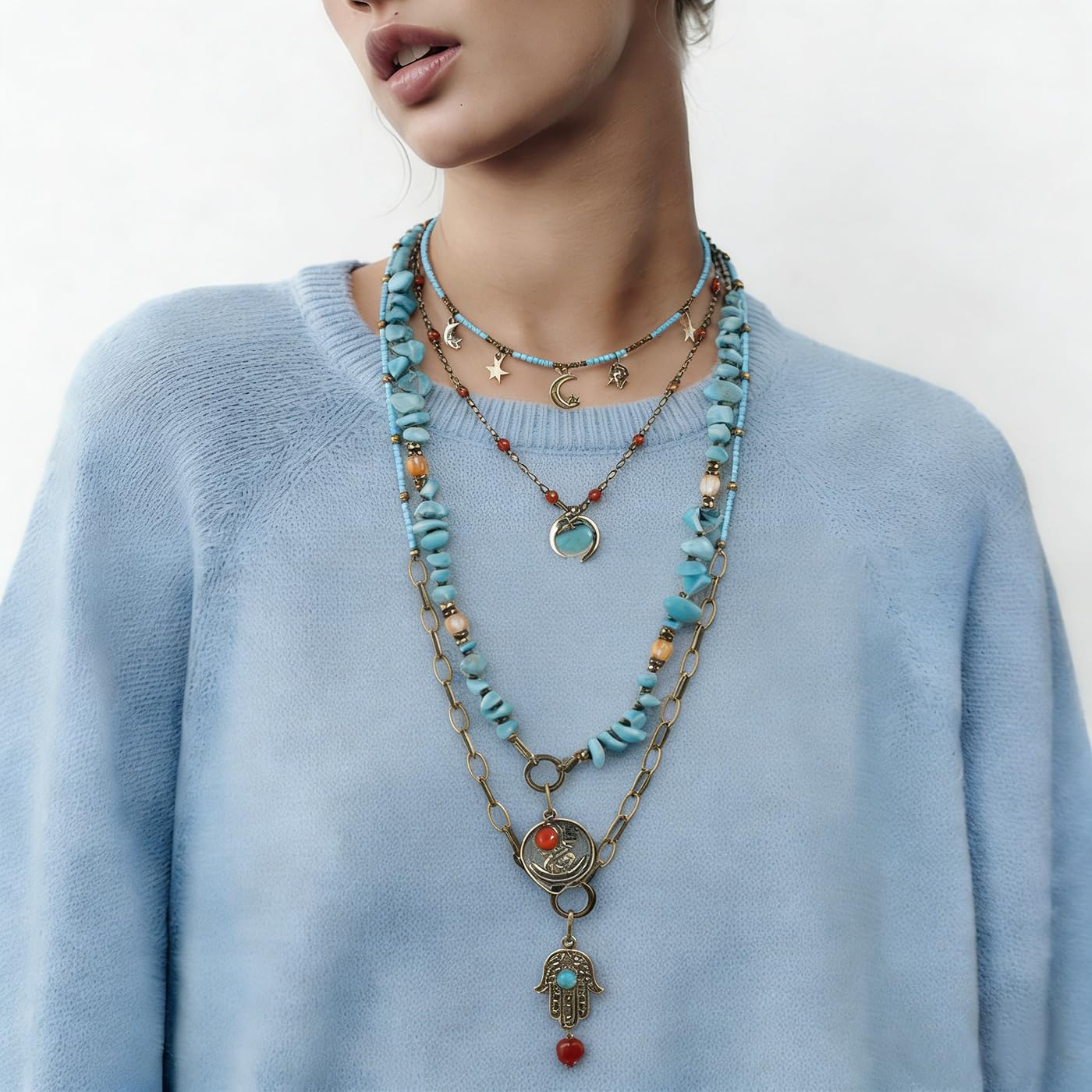 Yomisa Boho Layered Necklaces for Women Trendy,Multi-layer Beaded Long Necklace for Women,Bohemian Handmade Layering Natural Beads Chain Pendant Necklace Statement Western Beach Jewelry Gift