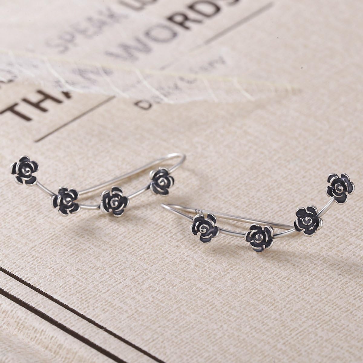 Vintage Rose Flower 925 Sterling Silver Ear Cuff Wrap Earrings for Women Crawler Climber Piercing Hypoallergenic - Image 3
