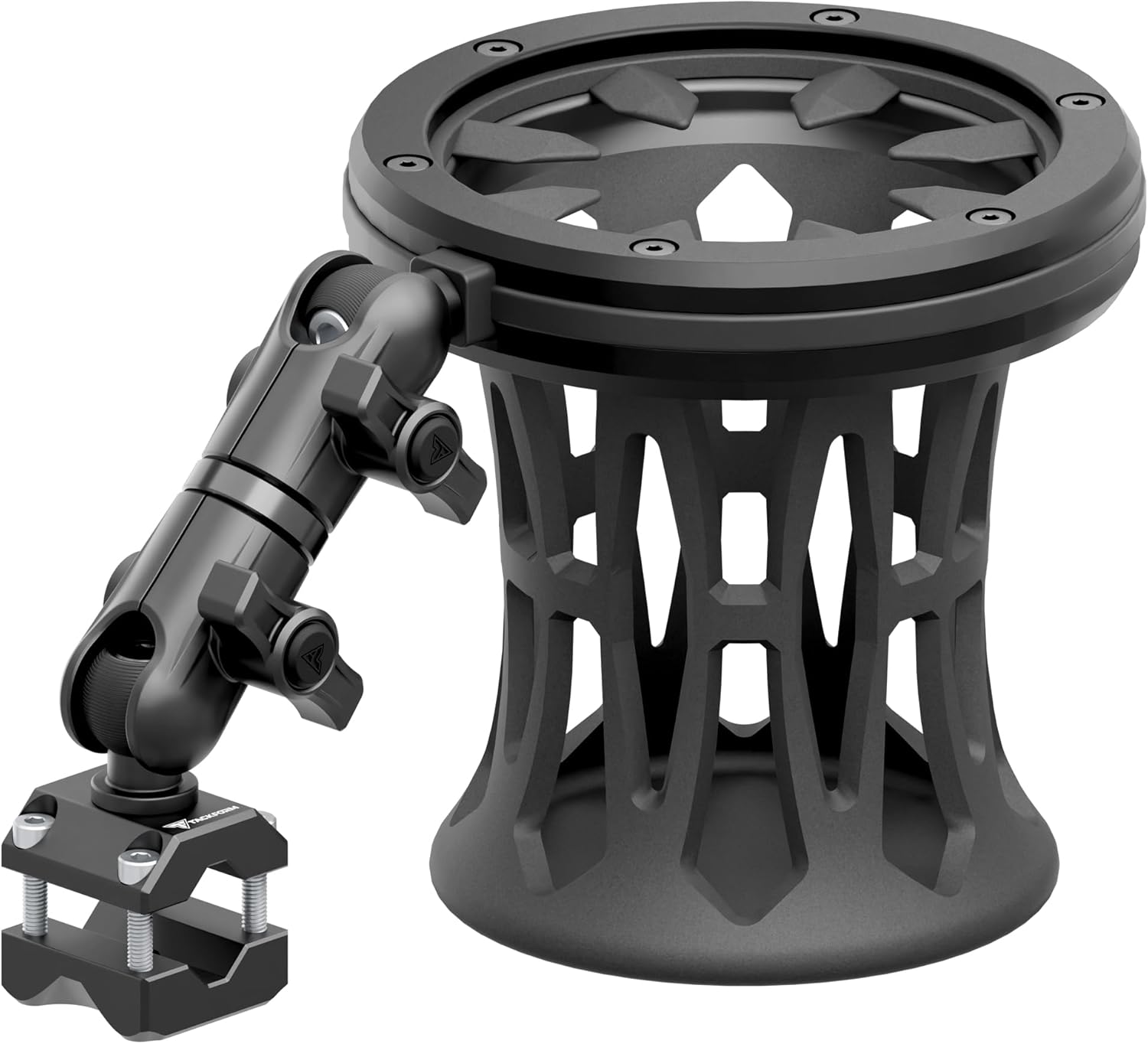 Tackform Black Motorcycle Drink Holder - Fits Bottles/Cans up to 3.25” in Diameter | Metal Enclosure with Rubber Net | Universal Bar Clamp Fits 3/8" - 5/8" Crossbar, Headrest | Aluminum | 3.5" Arm