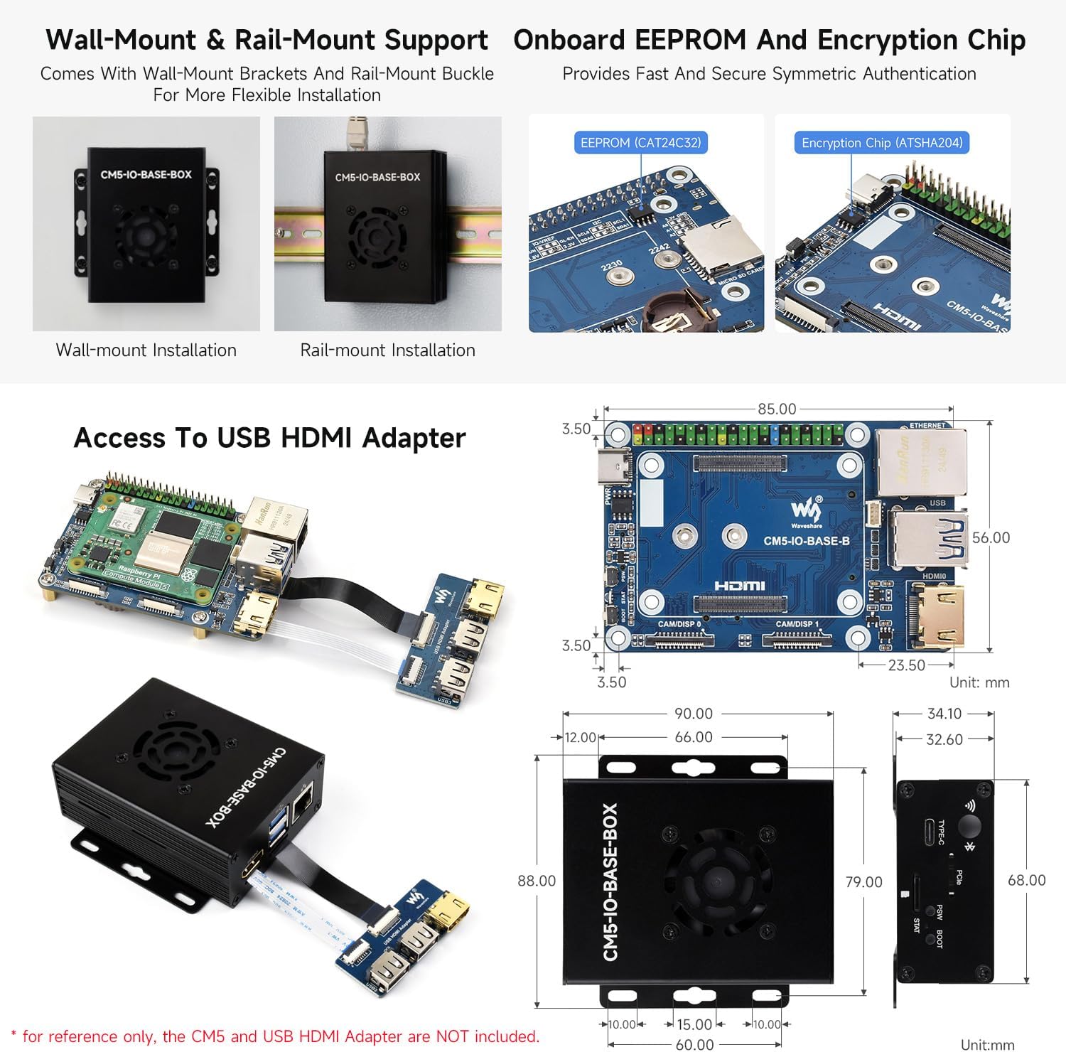 waveshare Mini Base Board, Mini-WaComputer Designed for Raspberry Pi Compute Module 5 (NOT Included), Onboard EEPROM and Encryption Chip, Including Metal Case and Power Supply