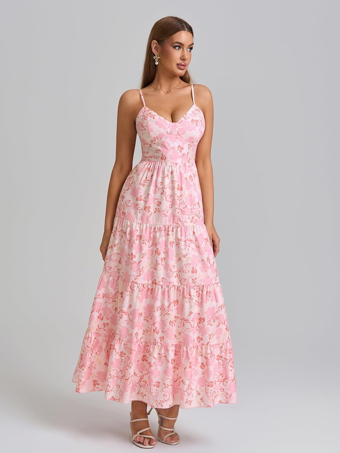 HTZMO Women Casual Summer Floral Maxi Sundress V Neck Spaghetti Strap Bow Tie Backless Flowy Boho Beach Long Dress 2026 - Image 5