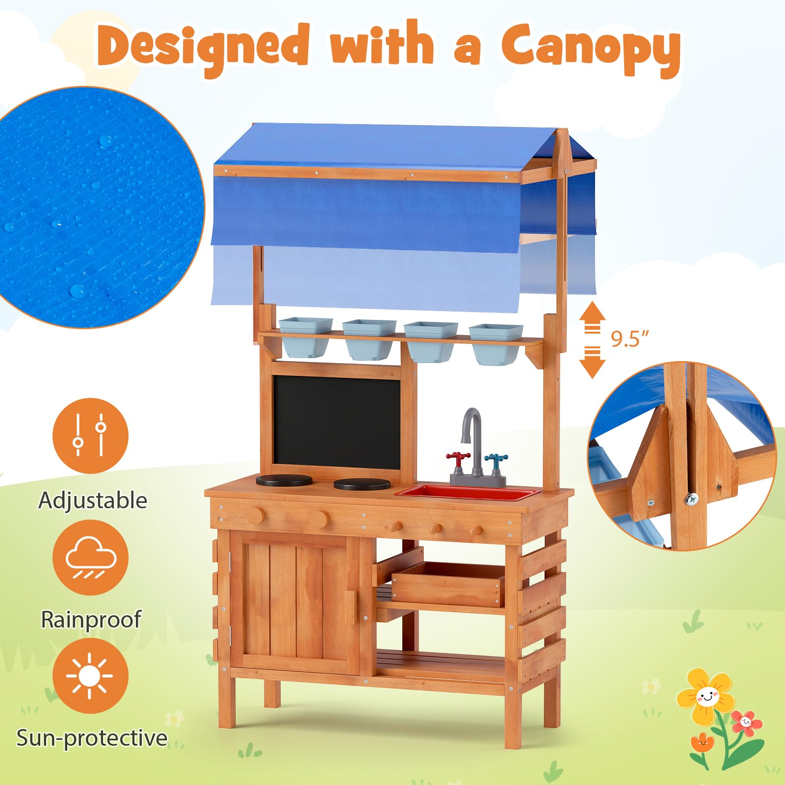FANTASK Matschküche Kinder Outdoor, Kinderküche Holz mit Sonnendach & Tafel & Pflanzbechern & Schaufeln
