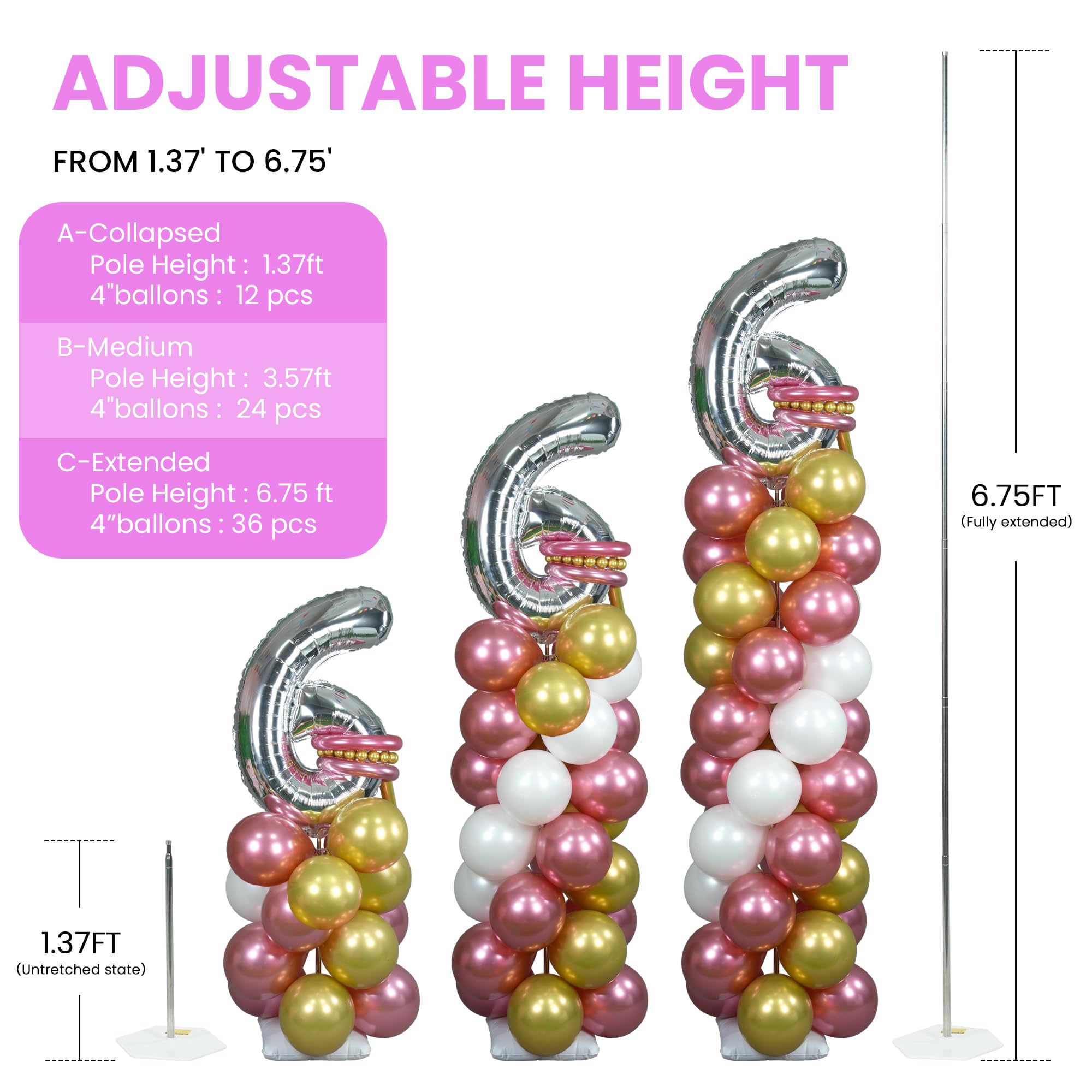 Ballonsäulenständer höhenverstellbar von 50 cm bis 2 m, Set mit 4 Stück | Ballonturm für Hochzeit, Geburtstag, Abschlussfeier, Baby Shower, Abschlussball Party Ballondekoration, Wiederverwendbares