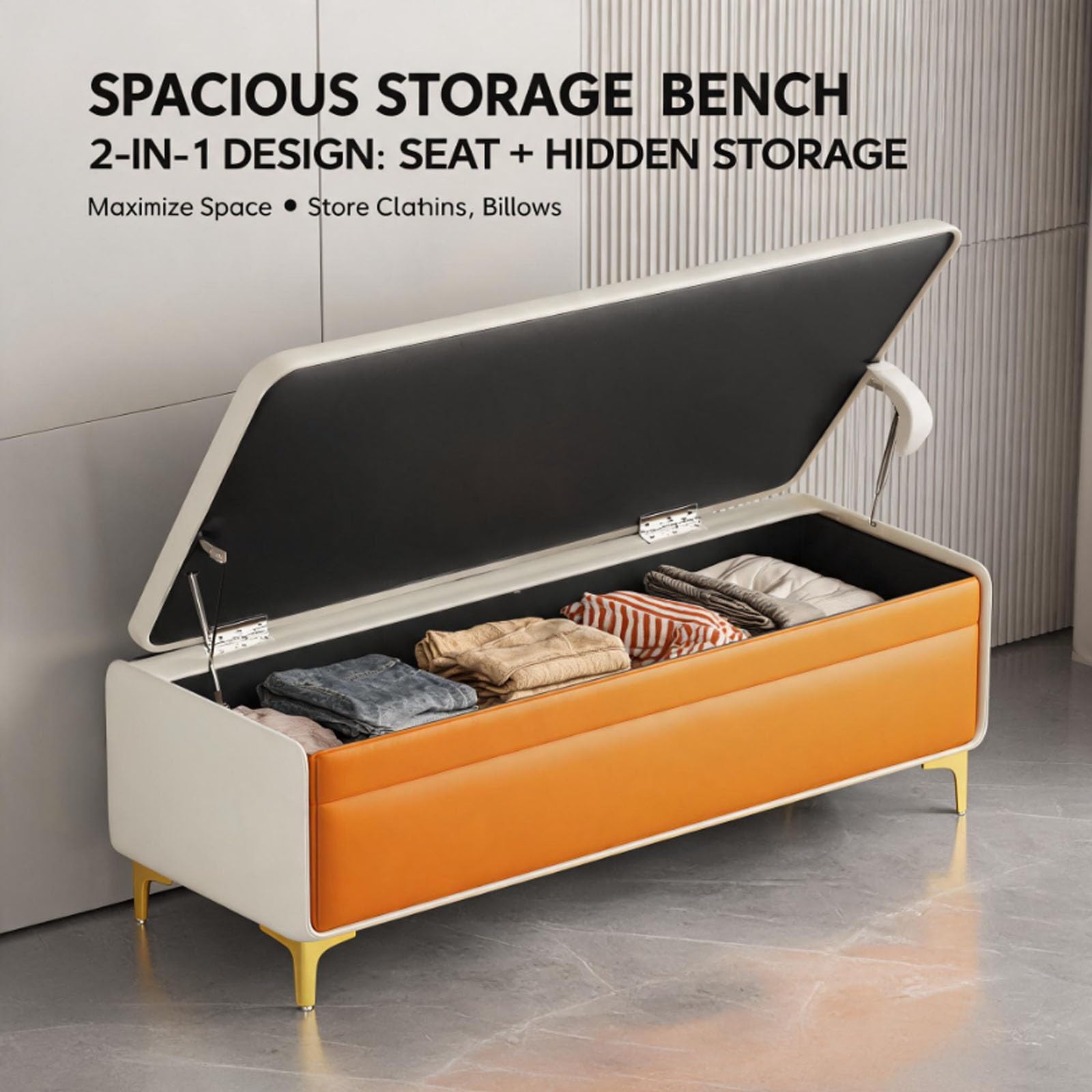 Panca Contenitore Elegante in Pelle, Cassapanca Fondo Letto con Telaio in Legno Massiccio e Gambe in Metallo, Pouf Portaoggetti per Camera da Letto, Soggiorno e Ingresso(C,120cm/47.2in)