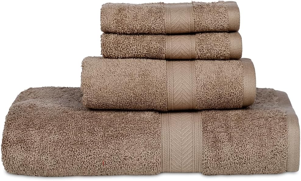 Casa Lino 4 Piece Bath Towel Set | 1 Bath Towel, 2 Wash Cloth, 1 Hand Towels | Bathroom Essentials for New Home, 100% Cotton Luxury Towels, Highly Absorbent Bathroom Set, Brown Brown 4 Pcs Bath Set