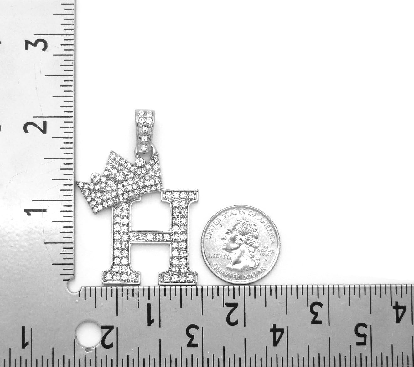 Fashion 21 Iced Out King Crown Alphabet Initial Pendant 2mm 24" Box Chain Necklace in Gold, Silver Tone (H - Silver)