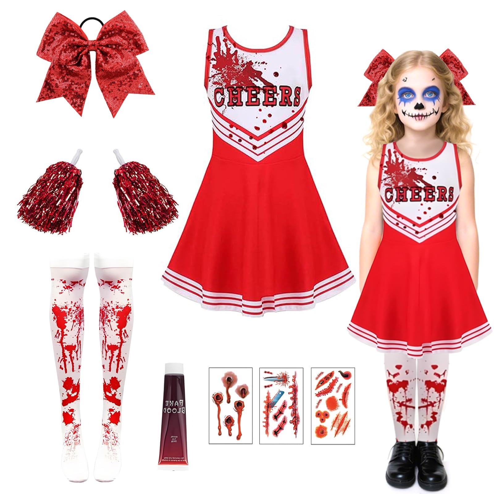 9Pcs Halloween Costumes for Kids Set Zombie Cheerleader Costume Kids, HalloWeen Costumes KIDs Halloween CosTumes Girls Red