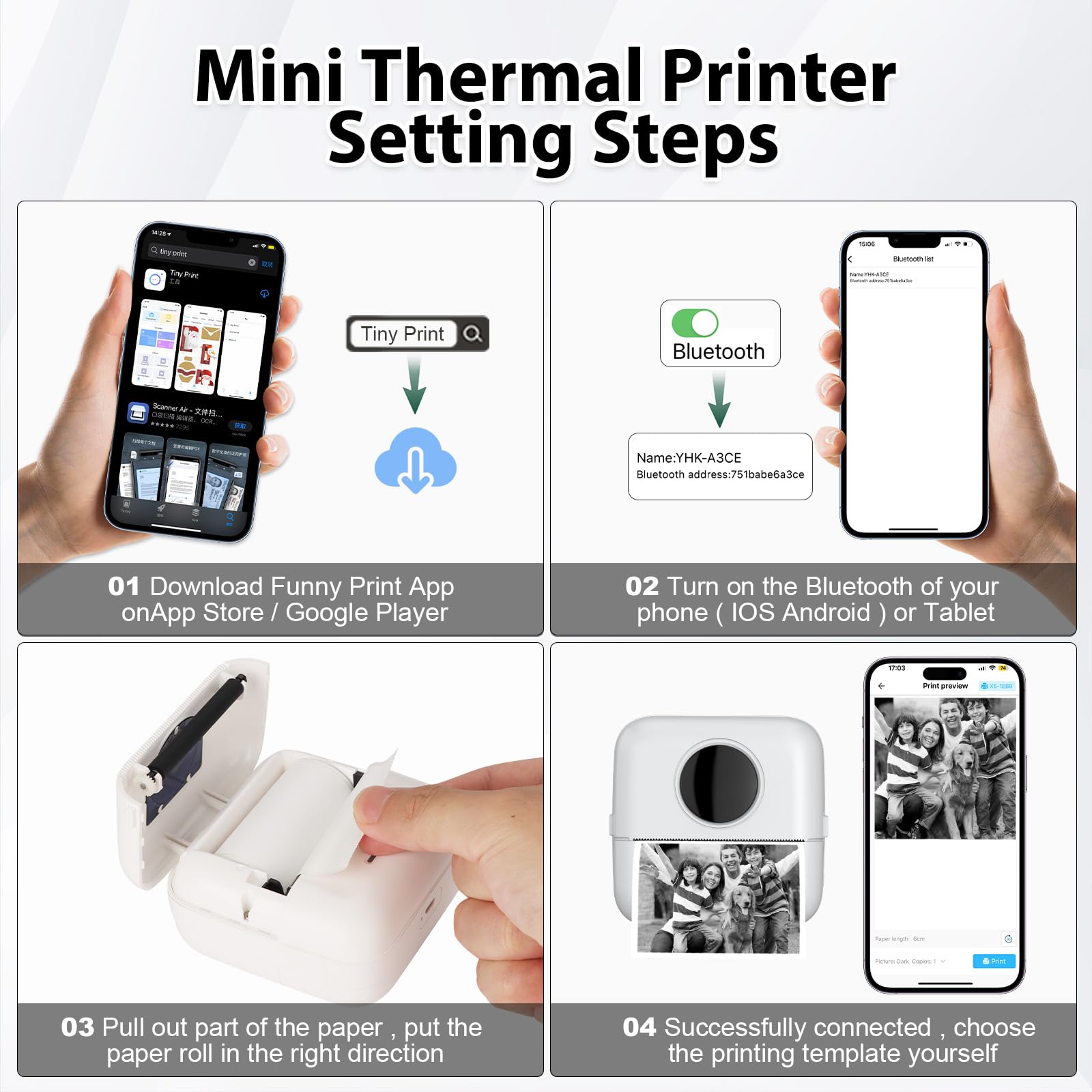 Mini stampante con custodia, mini stampante per etichette, portatile, 10 rotoli, stampante per foto, Bluetooth, stampante termica per assistenza, note di apprendimento, diario, memo (bianco con bag)