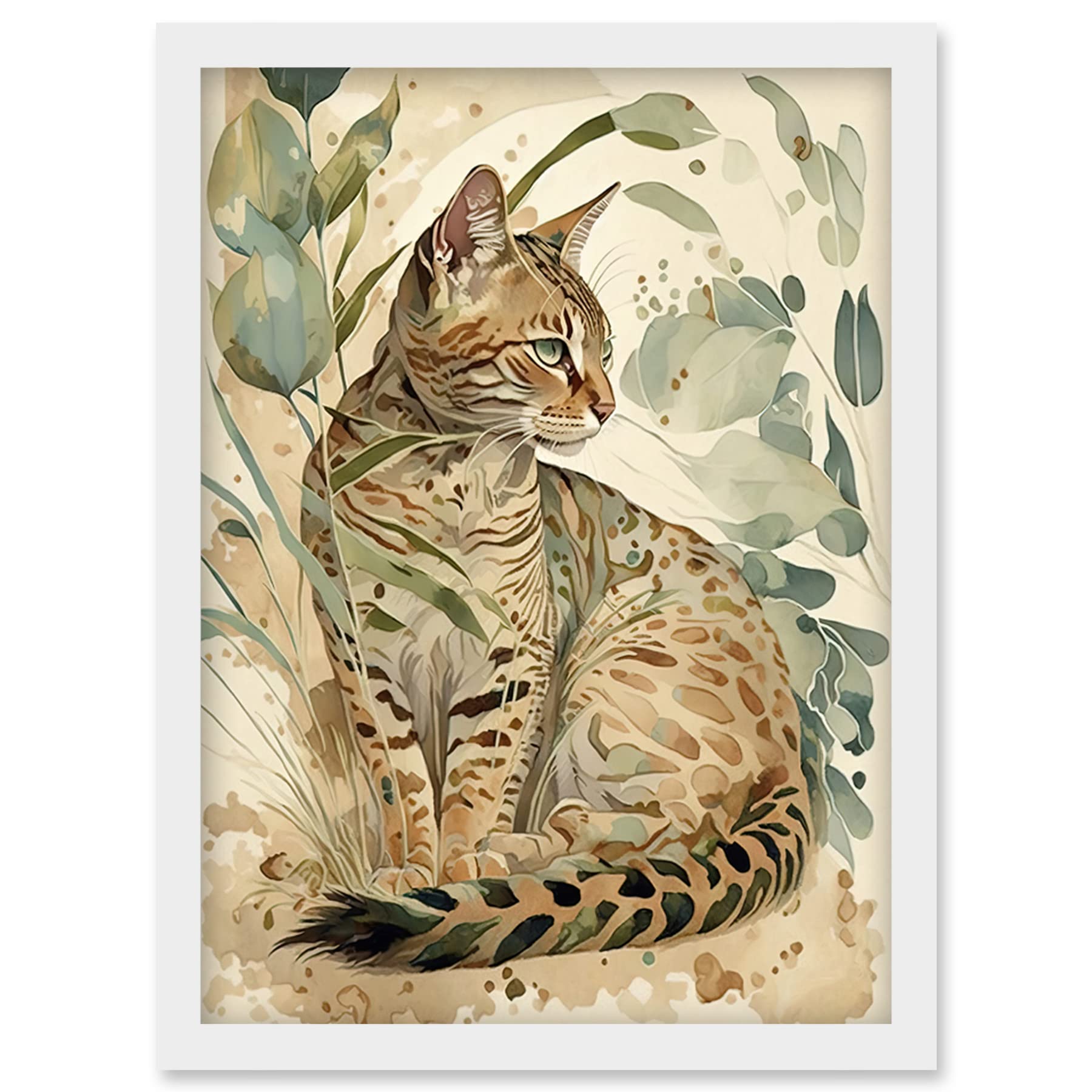 Artery8 Spotted Fur Coat Bengal Cat in Nature Pastel Watercolour Illustration Artwork Framed Wall Art Print A4