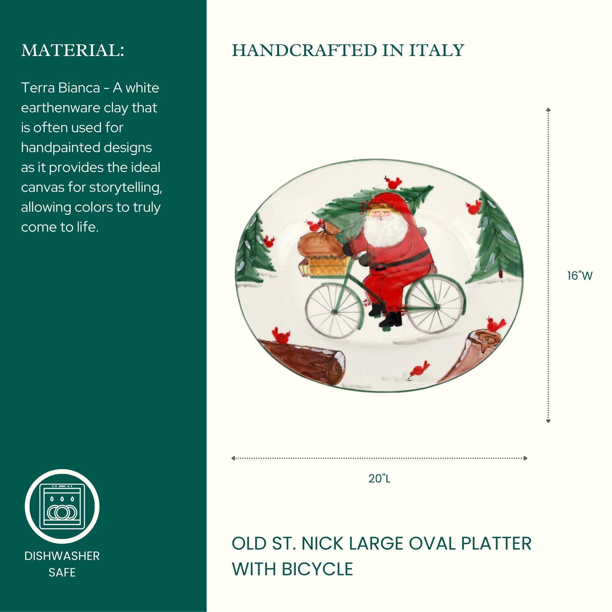 Vietri Old St. Nick - Plato ovalado grande con bicicleta, plato de servir postre de carne de barro
