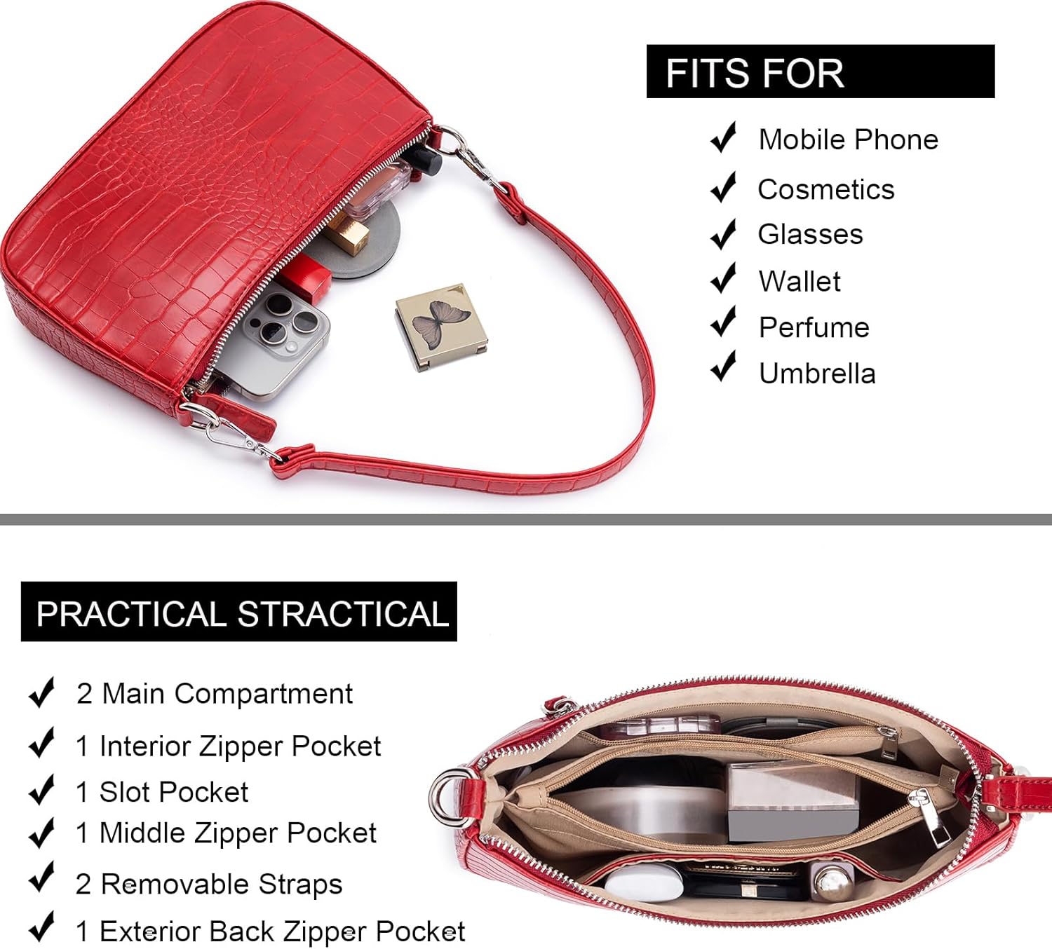 NIUEIMEE ZHOU Small Shoulder bag with 2 Removable Straps Cross Body Clutch Purse Handbag for Women - Image 5