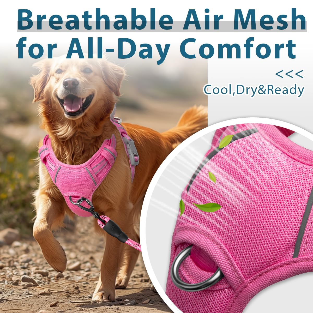BARKBAY Arnés antitirones con Clip Frontal para Perro, Resistente, Reflectante, asa de fácil Control para pasear Perros Grandes, Bolsillo para Etiqueta de identificación (Rosa, L)