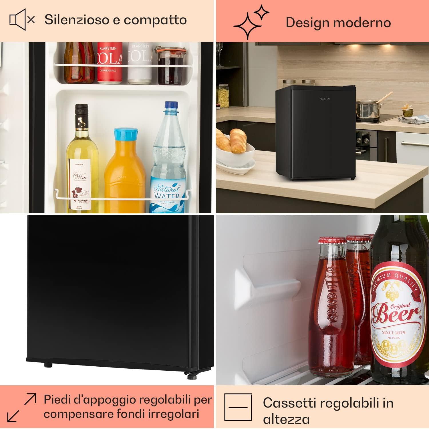 KLARSTEIN Mini Frigo, Frigo Portatile, Frigorifero Piccolo da Ufficio, Mini Frigo da Camera con Vassoio Raccogligocce e Sbrinatore Manuale, Frigorifero da Campeggio, Mini Frigo Bar, 0-10°C, 65L [Classe di efficienza energetica F]