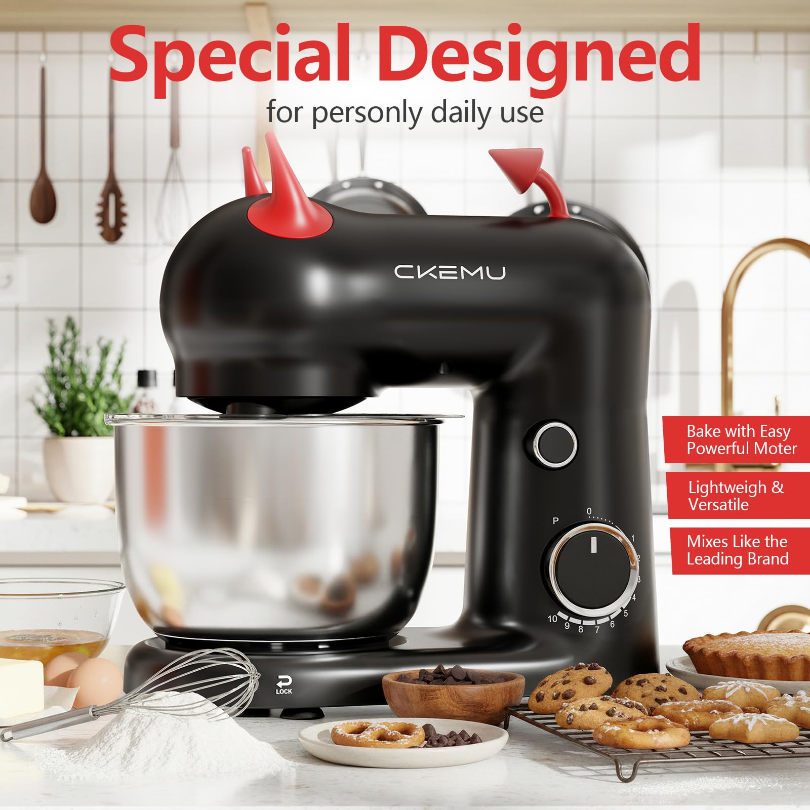 CKEMU Stand Mixer, Compact & Space-Saving, Stainless Steel Bowl, Unique & Playful Design, Effcient 300W Motor, Dishwasher-Safe Attachments view 2
