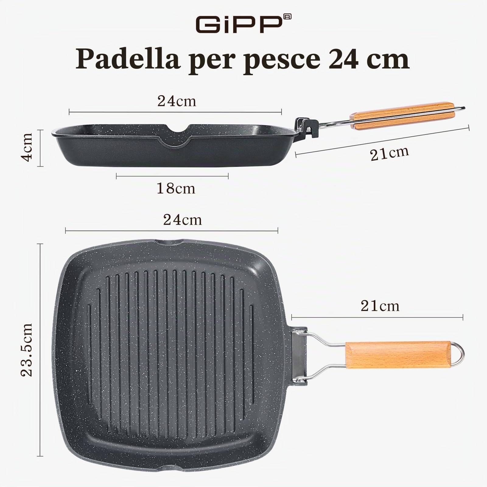 GiPP Bistecchiera antiaderente 24 x 24 cm Grill con manico pieghevole | Adatta per Tutti i Tipi di Fornelli, Induzione, gas, ceramica, elettrico, Alluminio, Facile da riporre e salvaspazio