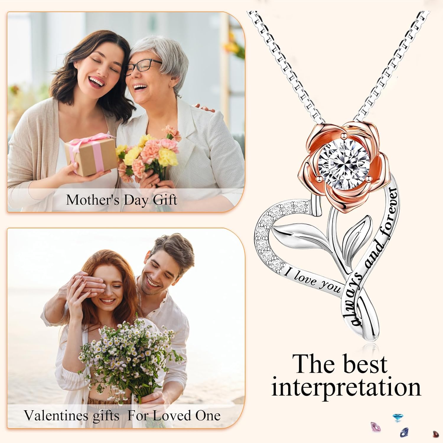 Heart Necklaces for Women Anniversary Birthday Valentine Gifts for Her Wife Girlfriend Gifts, I Love You Always And Forever Rose Flower Jewelry for Mom Daughter Sister Friend S925 Sterling Silver - Image 4
