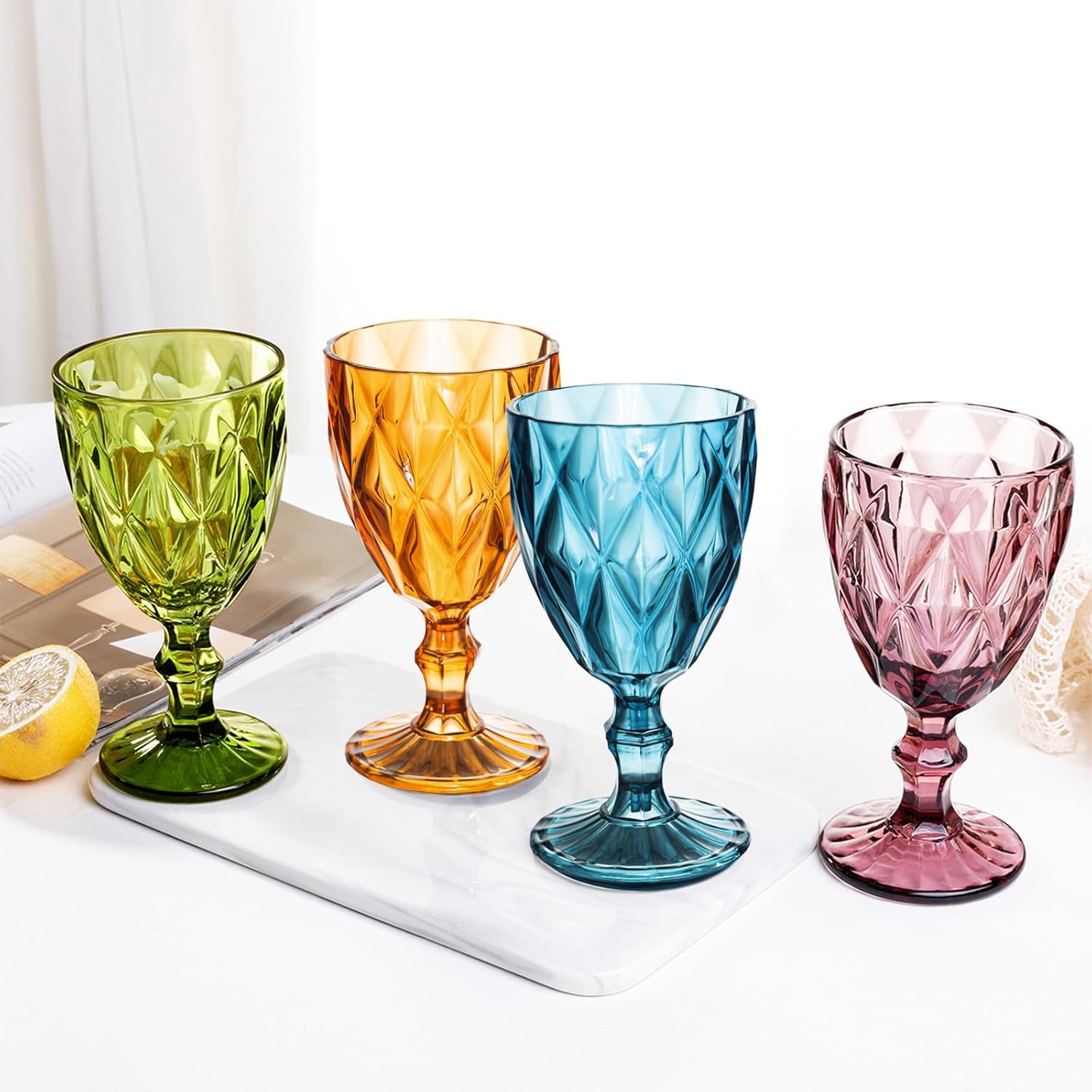 Vintage Wine Glasses Set of 4, Plastic Reusable 12 Ounce Colored Water Goblets, Unique Embossed Pattern Unbreakable Stemmed Wine Glasses, High Clear Wedding Party Bar Drinking Cups Multicolor - Image 8