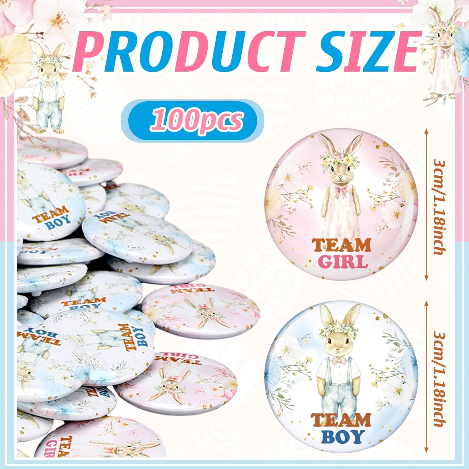 Suncalla 100 Pcs Easter Bunny Gender Reveal Pins Team Boy or Girl Gender Reveal Button Pins Bulk Blue Pink Baby Shower Badges for Holiday Baby Shower Game Party Favor