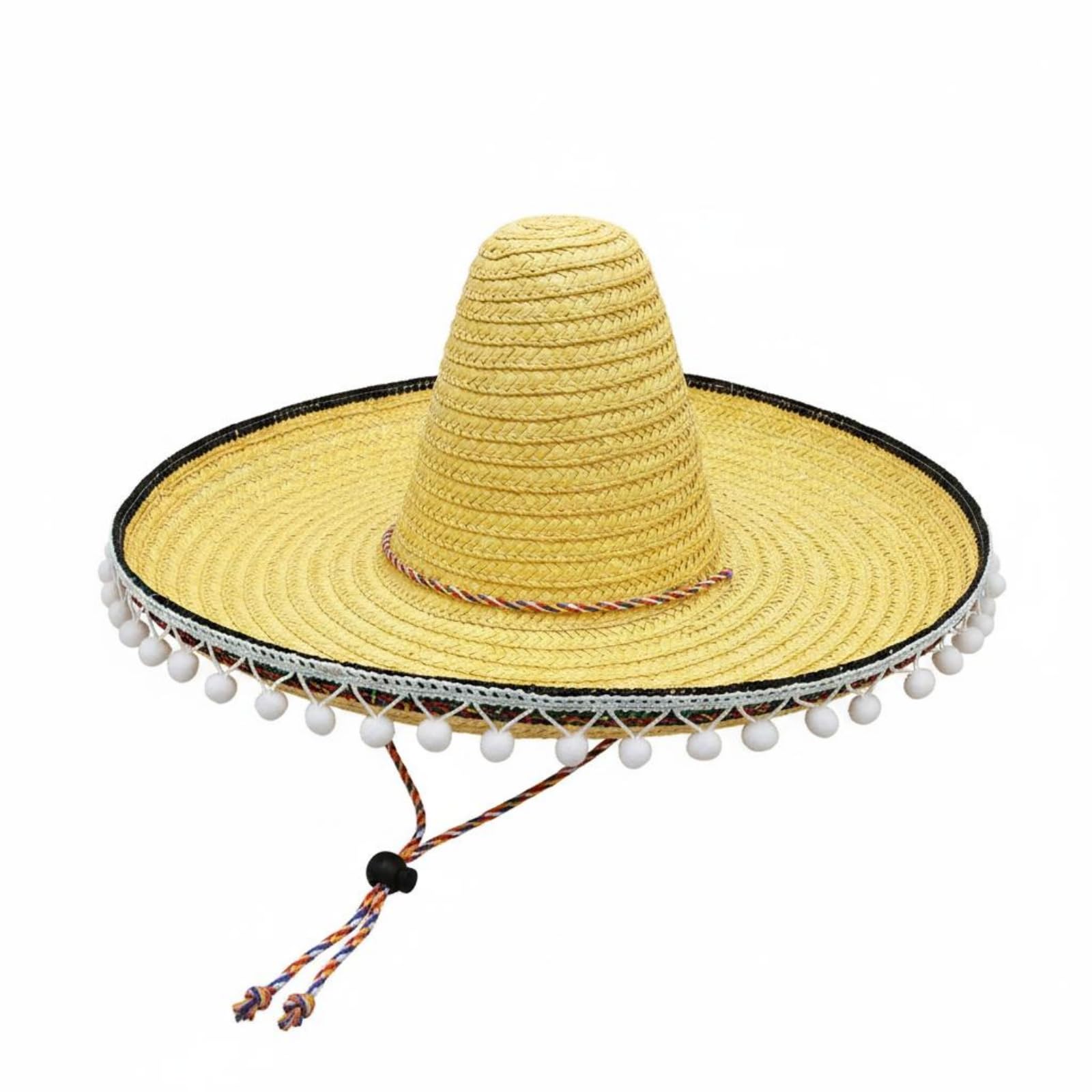 kowaku Mexican Hat Straw Sombreros with Attached White Pom Poms, Yellow