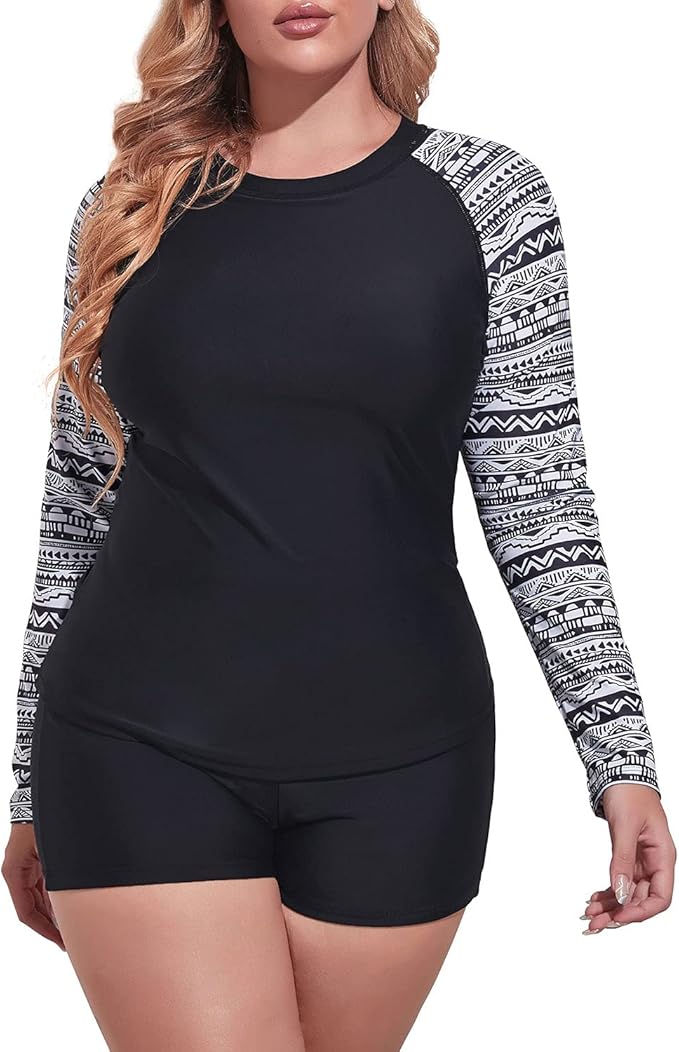 Daci Women Plus Size 2 Piece Long Sleeve Rash Guard Swimsuit Swim Shirts Top UPF 50+ with Boy