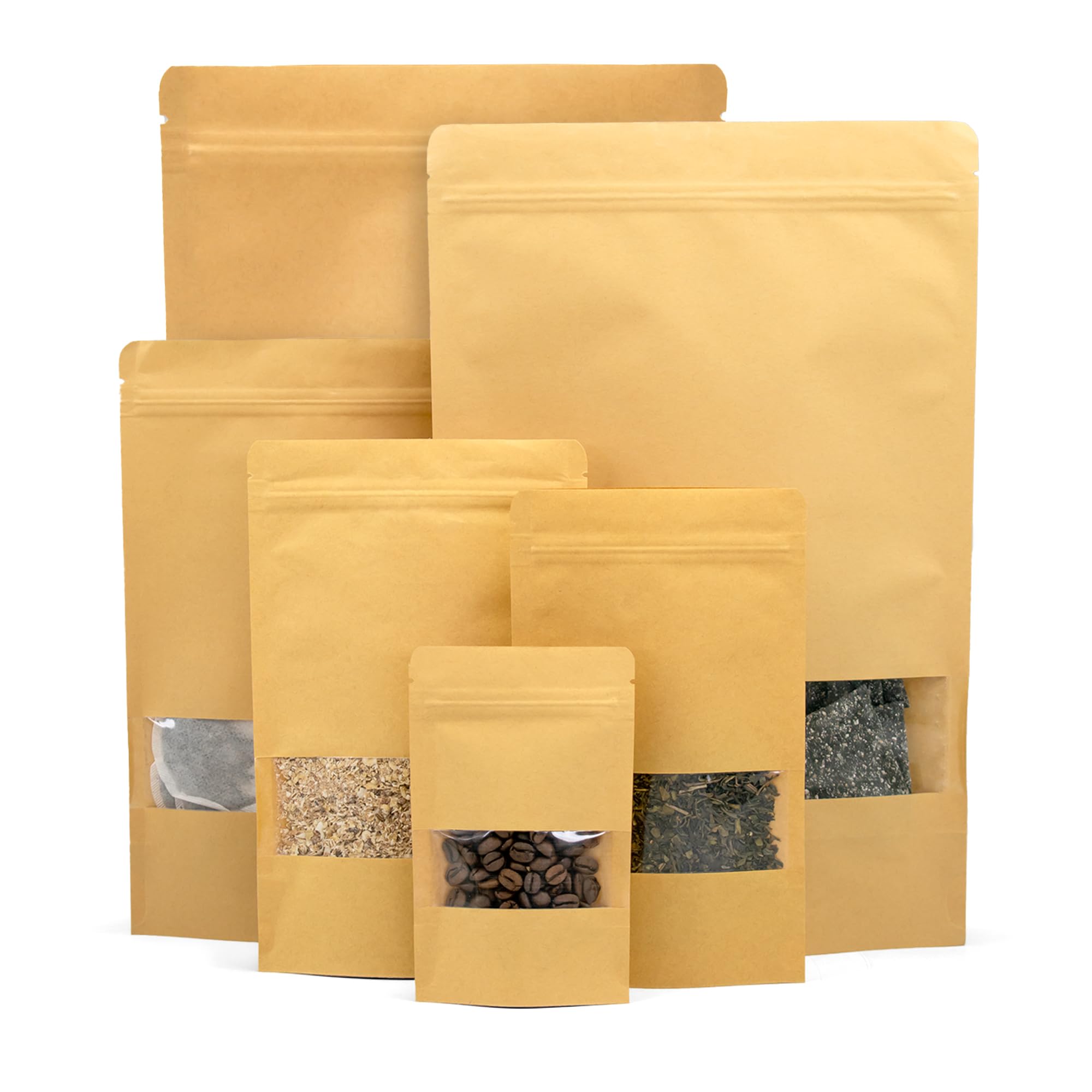 Evg Kraft 50Pcs Brown Food Paper Bags With Window (160 X 260Mm) | Sealable Pouches | Resealable Ziplock Bags | Self-Sealing Applicable Pouches For Nuts, Coffee Beans, Pet Food, Tea Leaves Etc