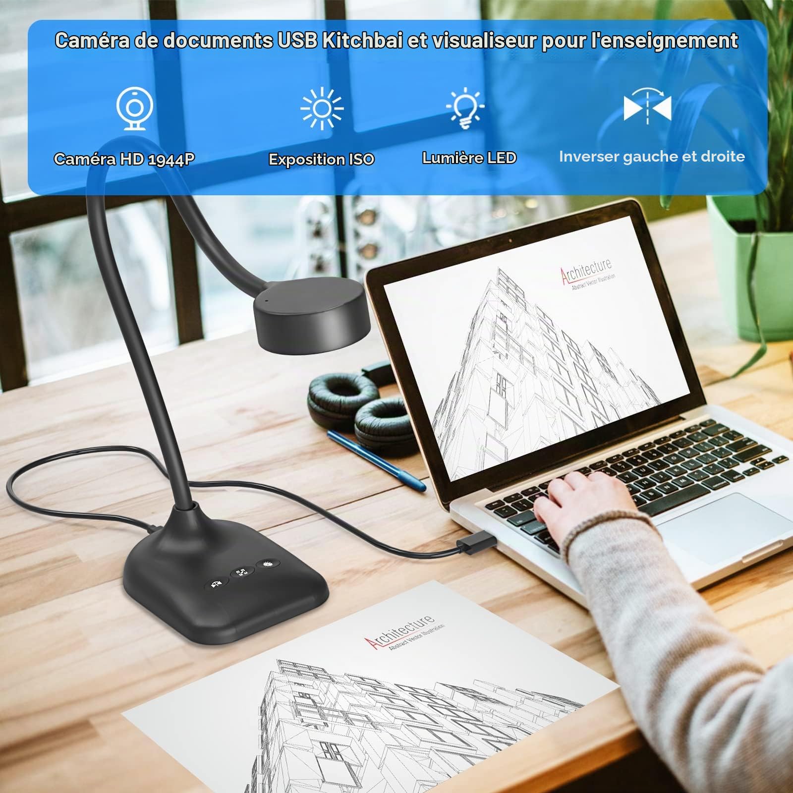Visualiseur, Caméra Document pour Lumières LED à 3 Niveaux, iOS à 5 Niveaux, Inversion d'image, Pliage avec Zoom, Skype, Teams, OBS. pour l'enseignement à Distance, Démonstration en Direct