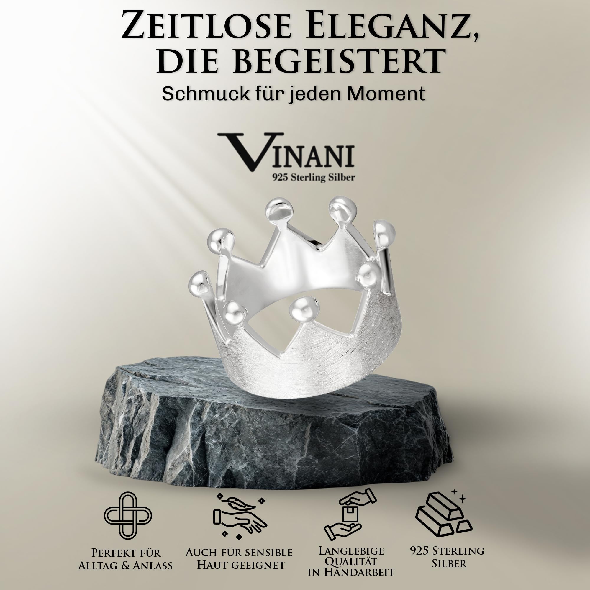 Vinani Ring aus 925 Sterling Silber - Damenring mit Krone gebürstet und glänzenden Spitzen für Frauen, nickelfrei & antiallergisch, Designed in Deutschland, RKR