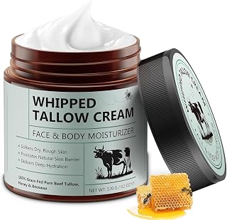 Whipped Beef Tallow for Skin, Organic Face Moisturizer with Grass Fed Beef Tallow & Raw Honey, Deeply Moisturizes Face & Body, Reduces Skin Irritation and Sensitivity, 4.2 Oz