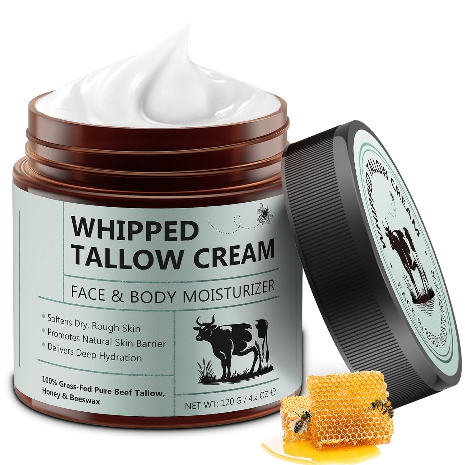 ABBASI & CO Whipped Beef Tallow for Skin, Organic Face Moisturizer with Grass Fed Beef Tallow & Raw Honey, Deeply Moisturizes Face & Body, Reduces Skin Irritation and Sensitivity, 4.2 Oz
