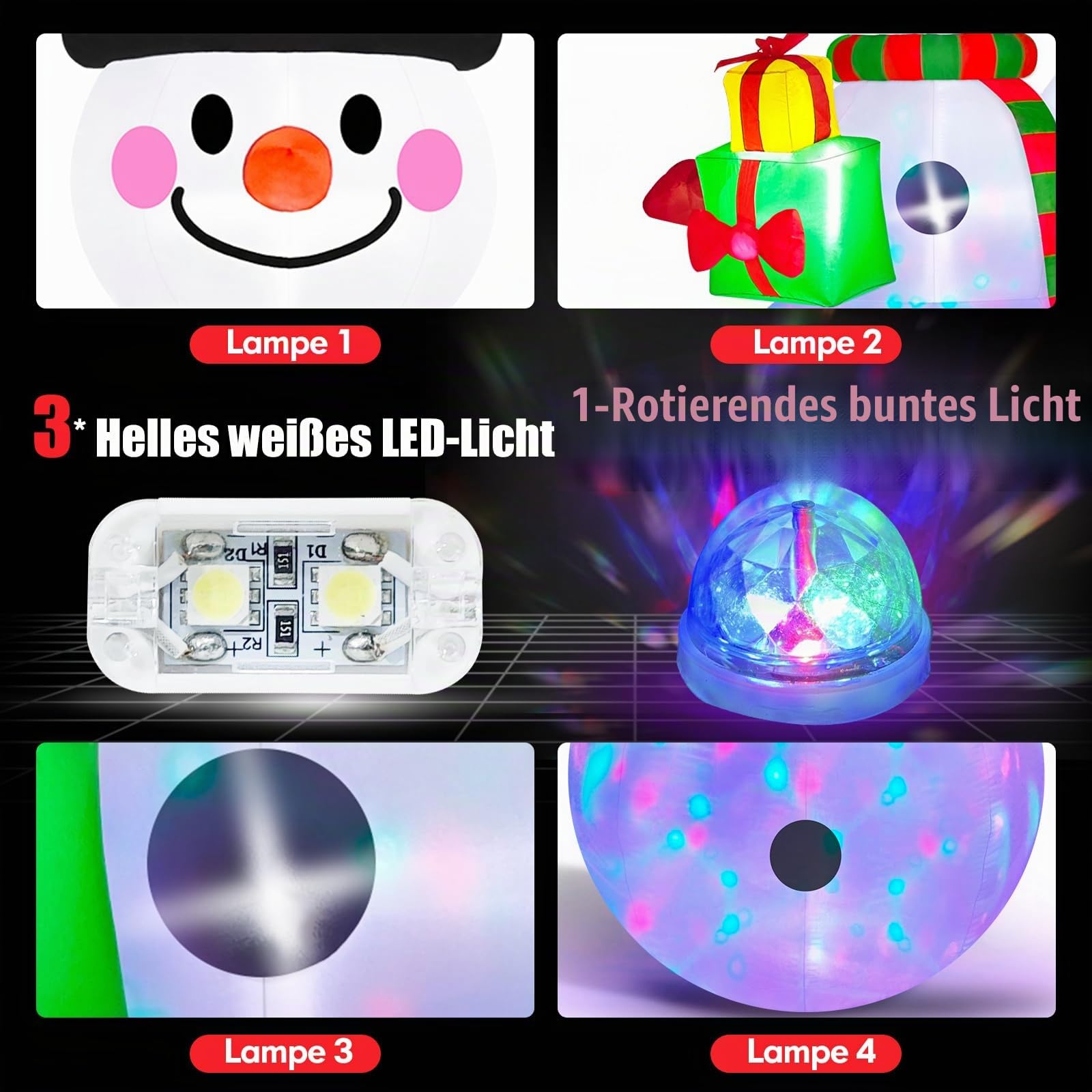 2,44M Schneemann Aufblasbare Weihnachtsdeko mit Farbiger LED-Beleuchtung