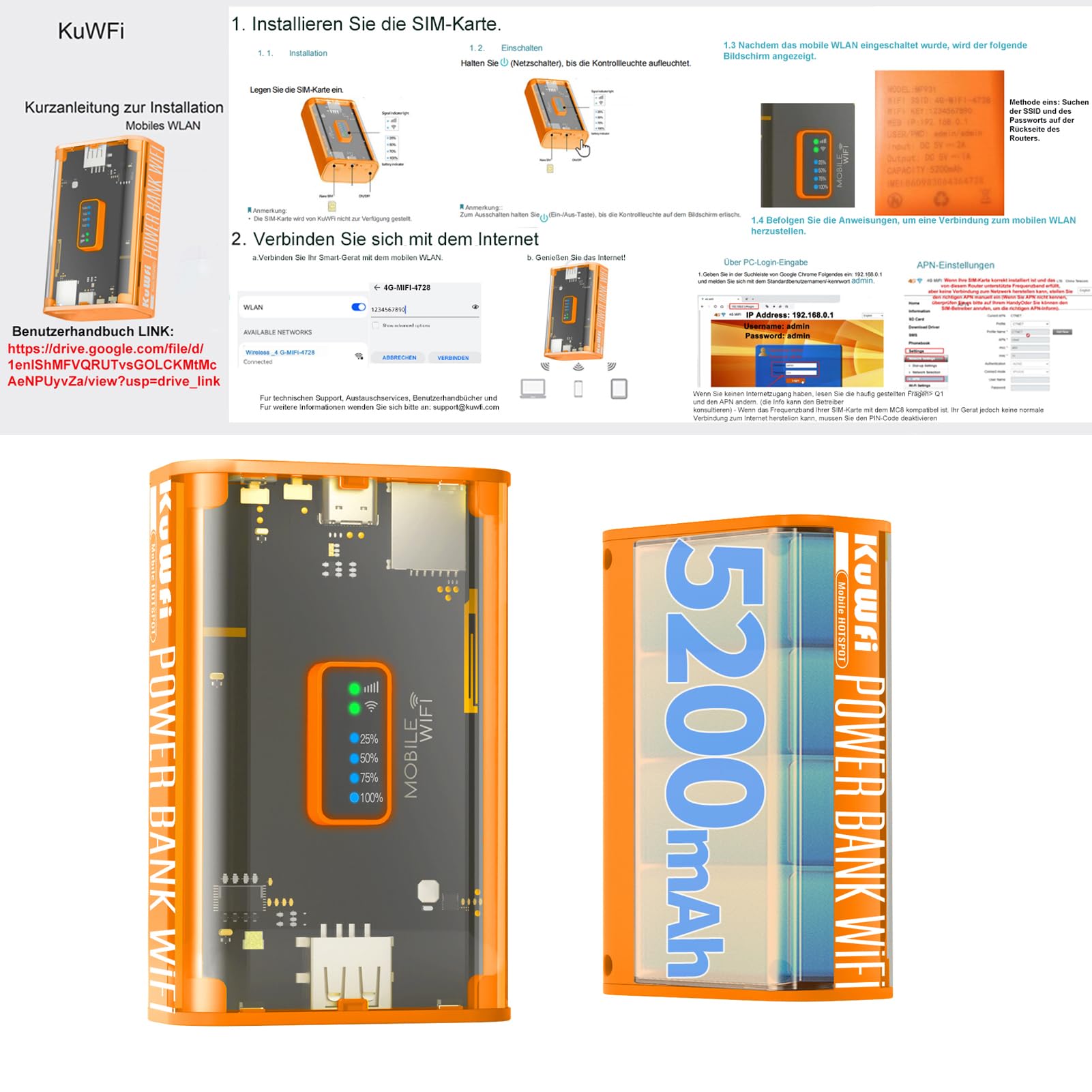 KuWFi Mobilny router 4G LTE WLAN (4G/LTE do 150 Mbit/s do pobrania / 50 Mbit/s upload, przenośny hotspot, akumulator 5200 mAh, kompatybilny ze wszystkimi europejskimi kartami SIM), Plug & Play, do