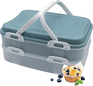 Boîte de transport à gâteaux à 2 étages et plateau de levage, réutilisable, 40 x 30 cm, avec couvercle et poignée de transport, pliable, boîte de rangement alimentaire