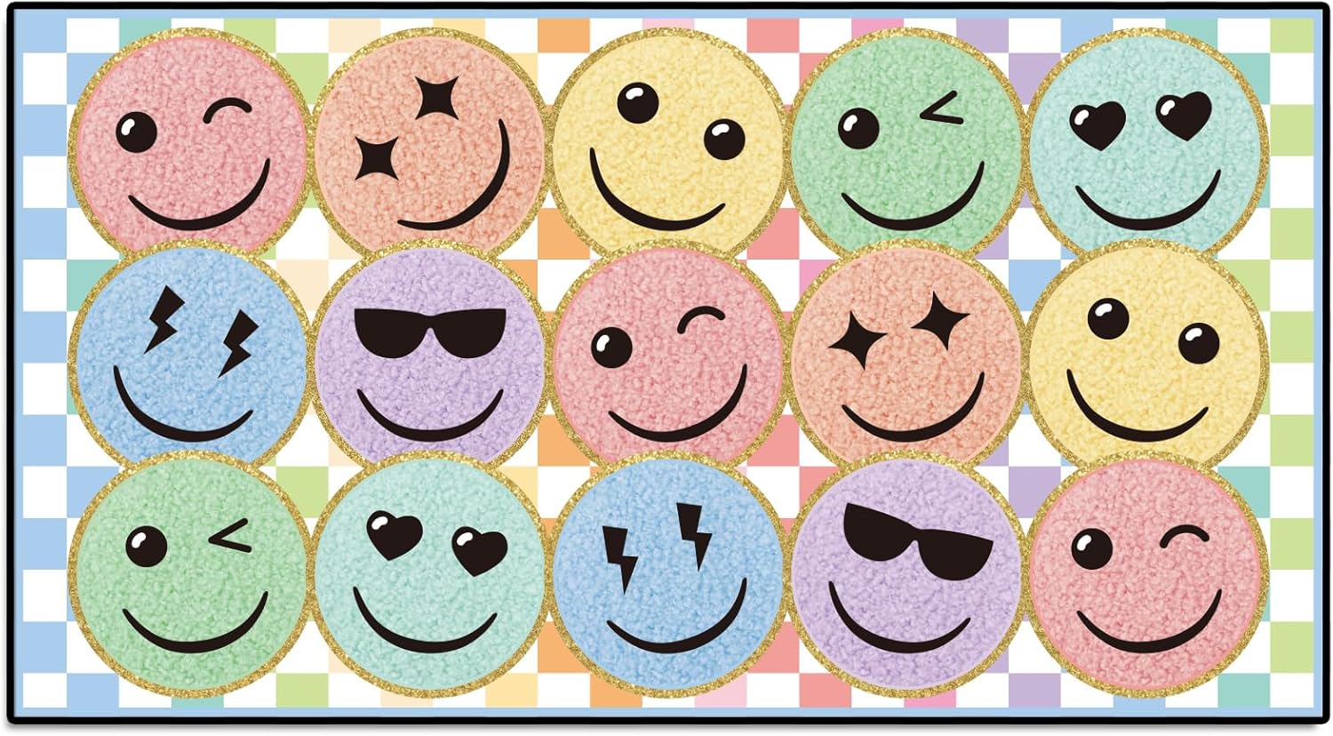 Nuanchu 1 Pack Large Pastel Face Classroom Area Rug 12.1' X6. 5' Checkerboard Base Smile Educational Area Rug Colorful Classroom Decor Pastel Play Carpet for Teaching and Playroom