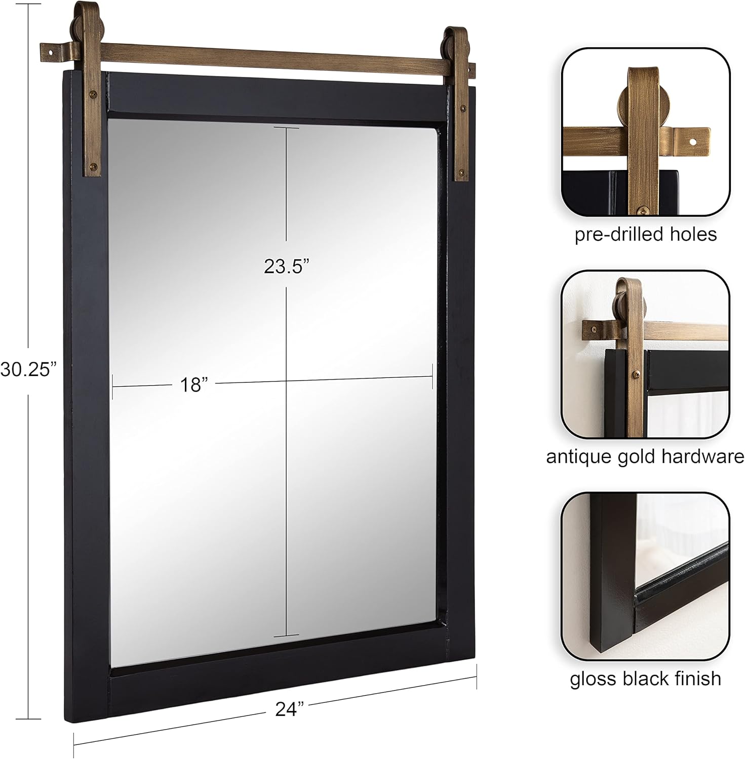 Kate and Laurel Skylan Modern Decorative Wood Framed Wall Mirror; 24 x 31; Black and Gold; Barn Door Hanging Mirror for Bathroom or Living Room