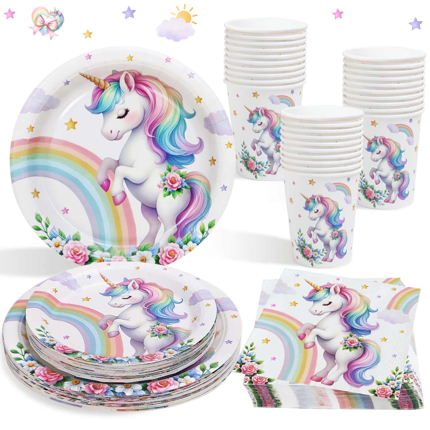 Einhorn Geburtstag Party Set Für 16 Personen – Inkl. Tischdecke, Teller, Servietten, Becher, Besteck & Strohhalme In Pastellfarben