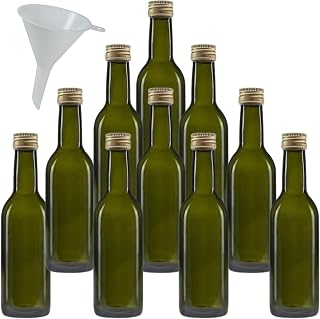 10 x grüne Glasflasche 250 ml, Ölflasche mit Schraubverschluss inkl Trichter