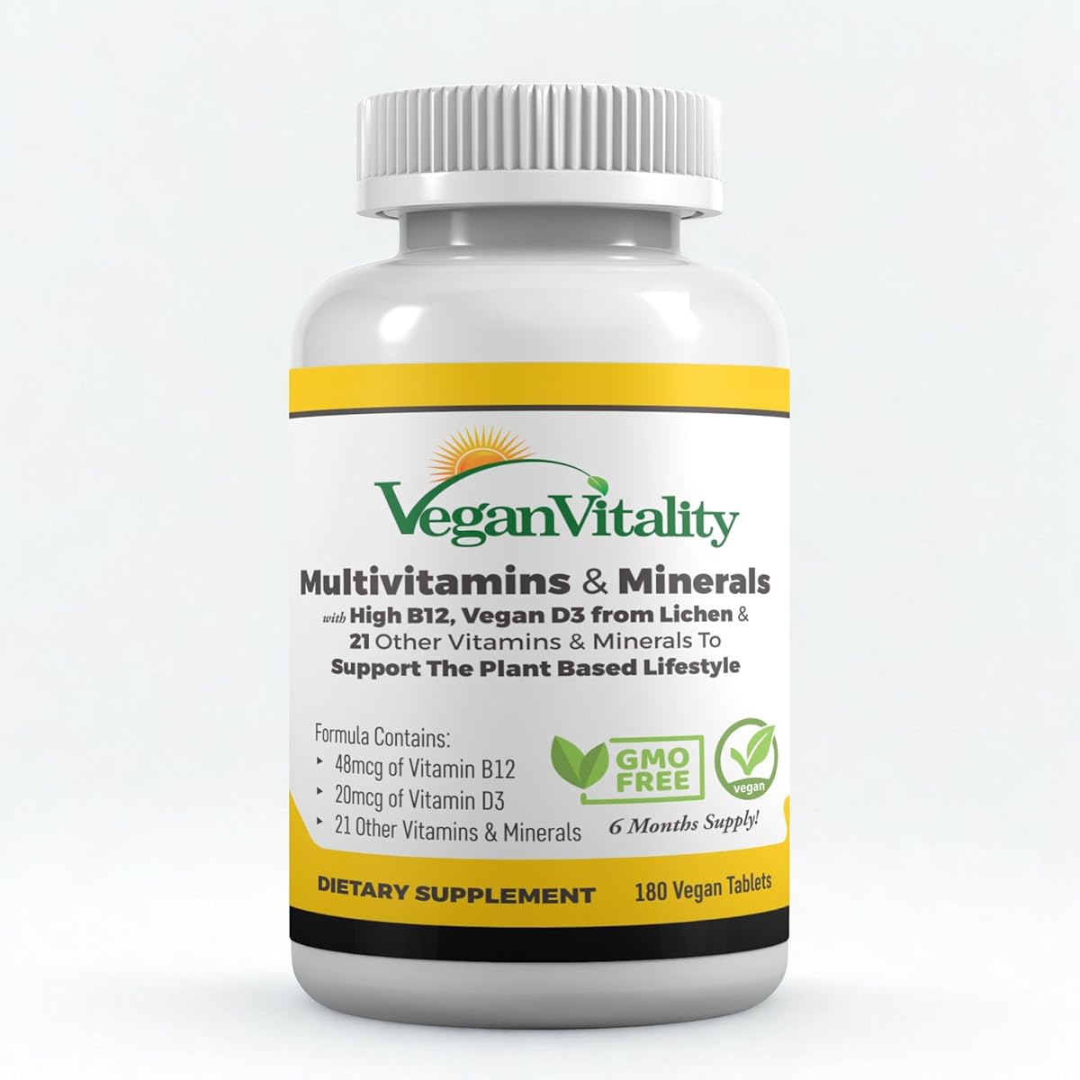 Vegan Vitality Multivitamins & Minerals for Women and Men with High Strength Vitamin B12, D3 & K2. 180 Vegan Multivitamin Tablets - 6 Months Supply. Vitamins for Vegans. Women Multivitamin