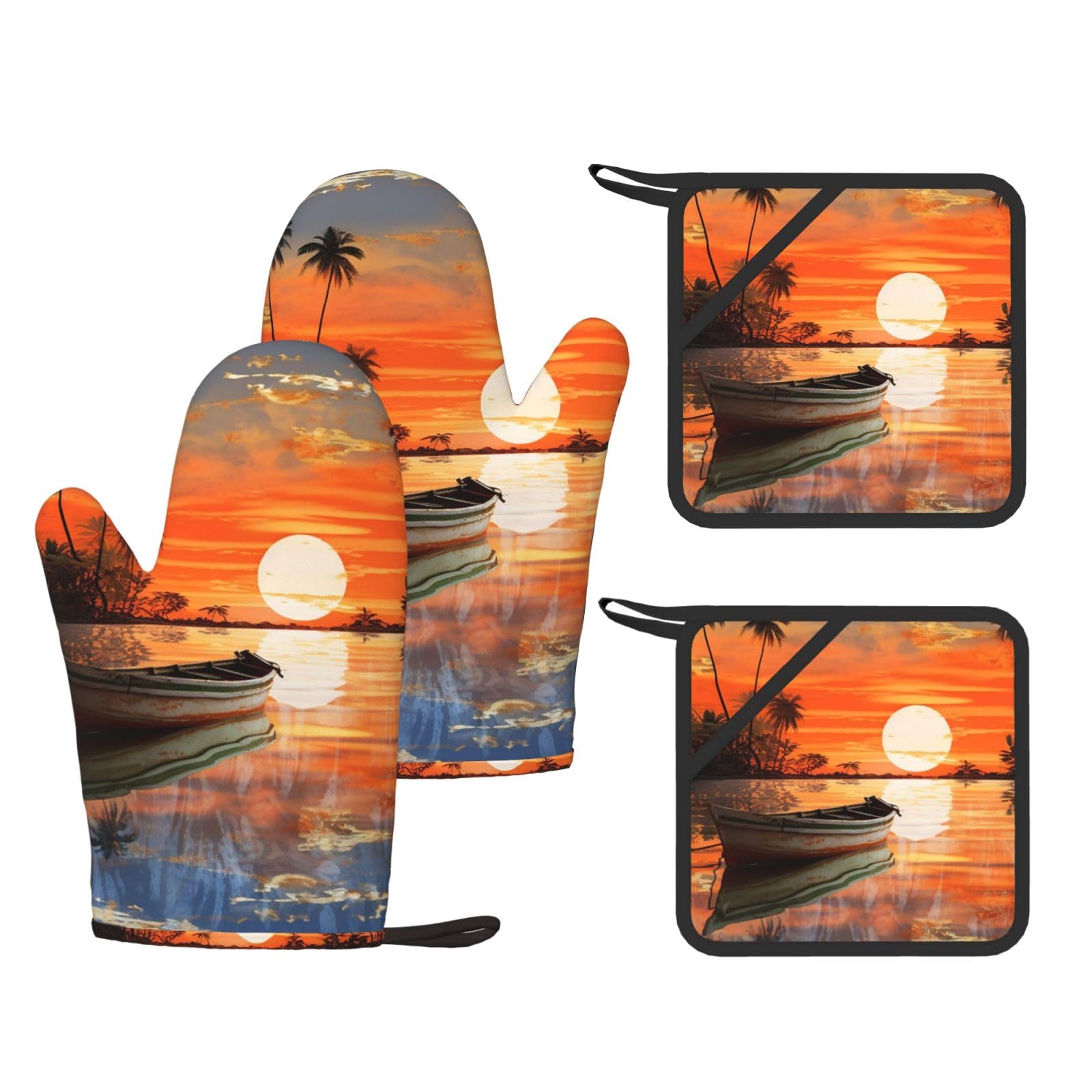4 Pcs Kitchen Oven Mitts Palm Trees and Boats Oven Mitts and Pot Holders Non-slip Silicone Kitchen Gloves for Cooking Baking Grilling Kitchen Essentials