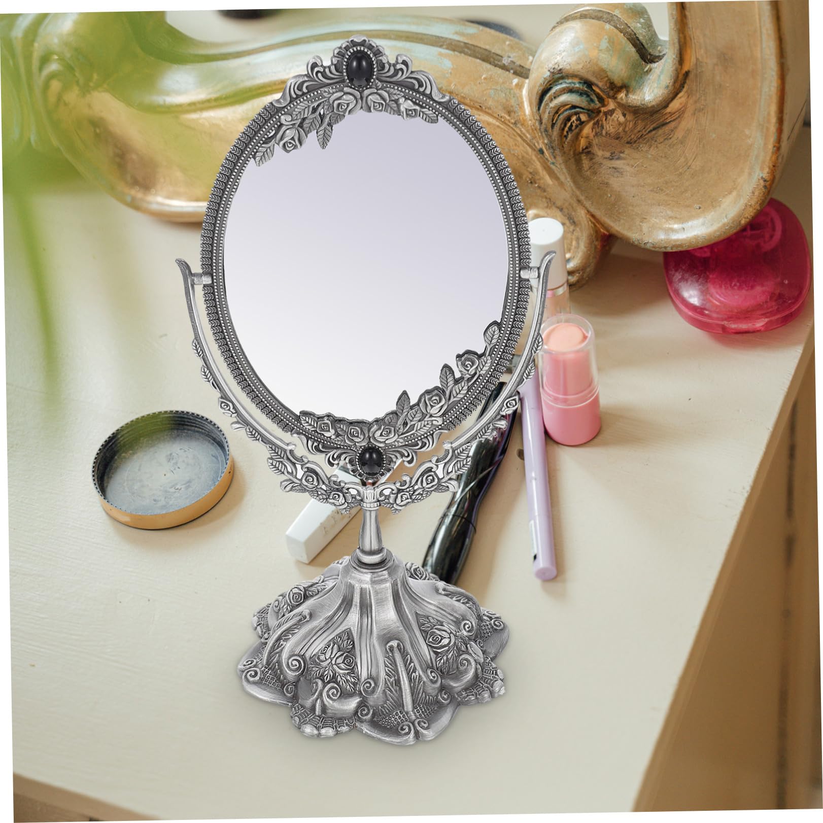 PACKOVE Vintage Schminkspiegel aus Zinklegierung, Doppelseitig, Drehbar | Silber, Flacher Standfuß, Europäischer Stil, für Hochzeits und Make Up Anwendung