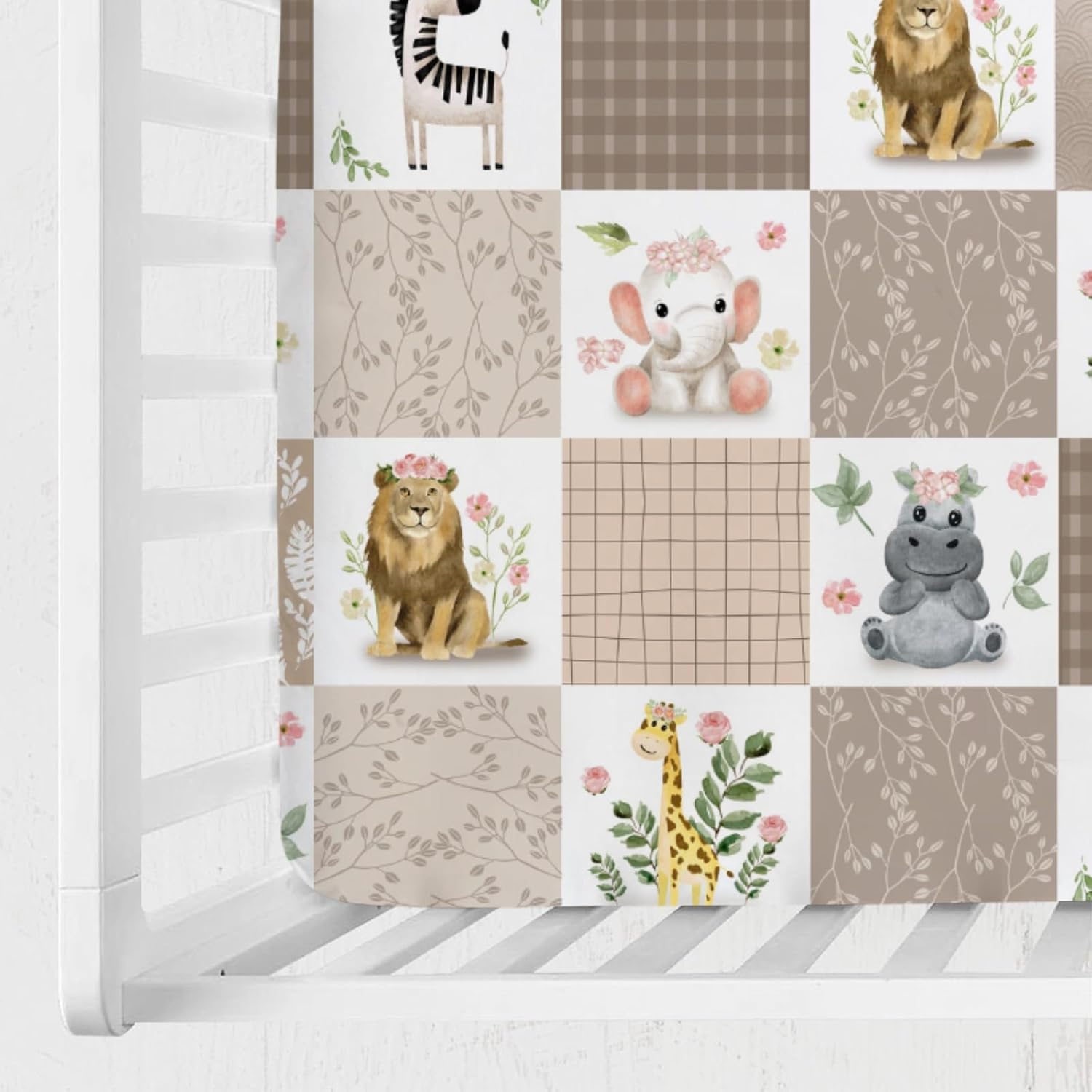 Baby African Safari Animals Crib Sheets 52''x28'' Lion Elephant Giraffe Hippo Zebra Floral Leaves Stretchy Fitted Crib Mattress Cover for Boy Girl Soft Baby Sheets for Standard Crib Toddler Mattress