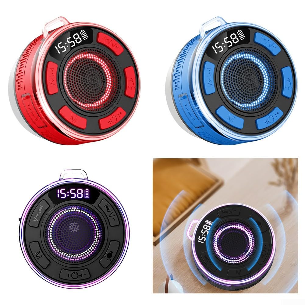 Enceinte de douche étanche IPX7 avec son équilibré à 360° RVB et radio FM et ventouse amovible pour salle de bain, piscine ou voyage, batterie noire ou rouge 1100 mAh (noir)