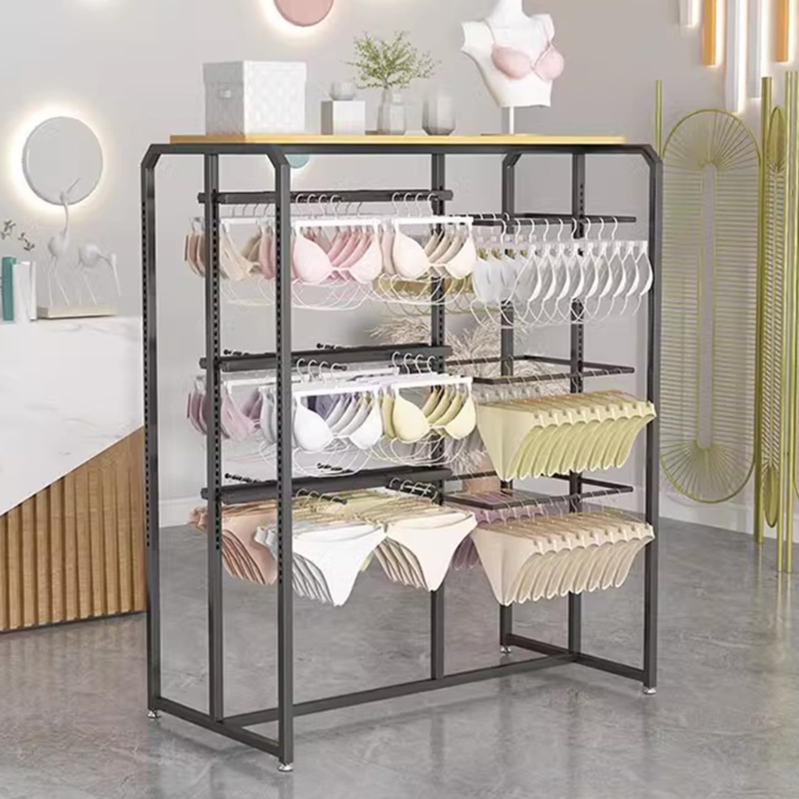 DETMOL Adjustable, double-sided lingerie display stands, storage stands for lingerie, bras, panties and scarves in boutique retail stores, freestanding metal clothes hangers for clothing stores
