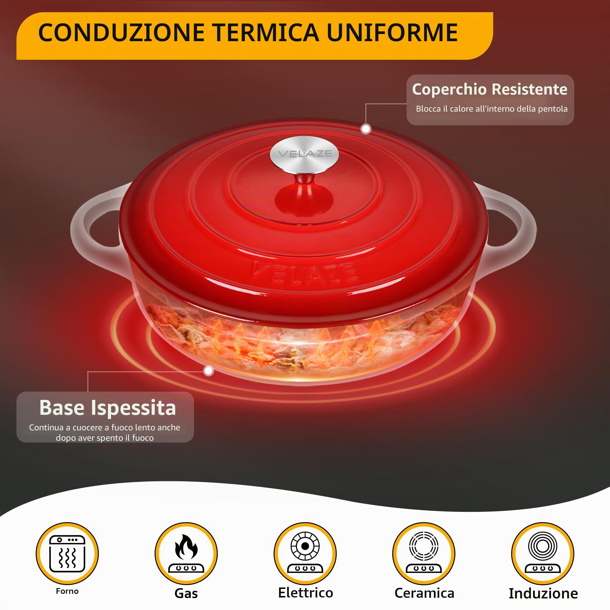 Velaze Casseruola in Ghisa, Pentola a Induzione per Stufati e Brasati, Cocotte Casseruola con Coperchio in Rivestimento Smaltato, Forno Olandese, Rosso, Rotondo - 28cm, 3.5L
