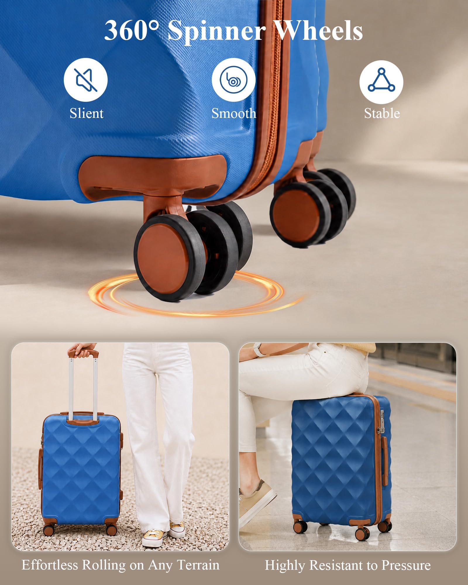 British Traveller Maleta de Cabina 54cm Maletas de Viaje Cabina Rígida con 4 Ruedas Dobles y Cierre de Combinación (Azul/Marrón)