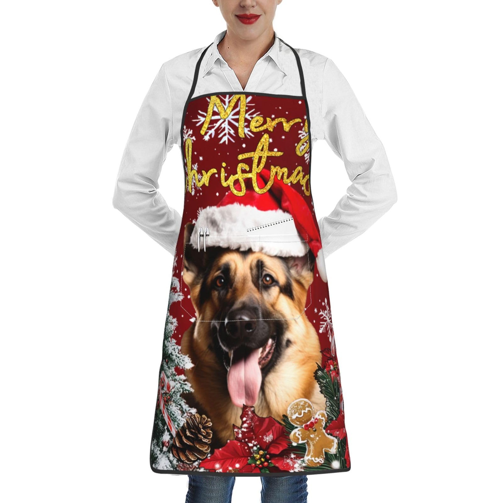 nopicsn Merry Christmas German Shepherd Dog Apron for cooking with Pockets Women Men Kitchen Chef Funny Aprons