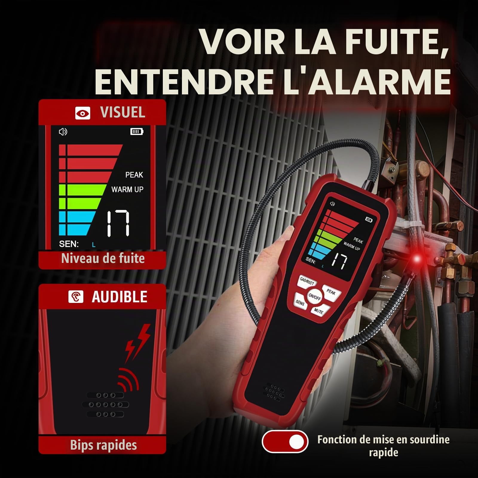 Aprvtio ALD-200 Plus Détecteur de Fuite de réfrigérant, détecteur de fuites de climatisation avec 3 Modes de sensibilité, capteur Semi-conducteur Intelligent avec Une sensibilité de 0,14 oz/an